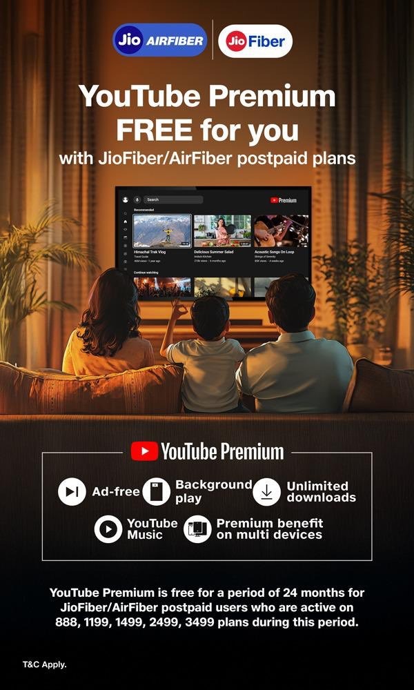 Jio Announces Free YouTube Premium for Two Years with Select Plans