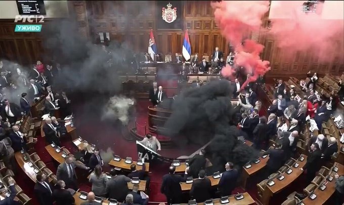 Violence Erupts in Serbia’s Parliament as Smoke Bombs and Flares Spark Chaos